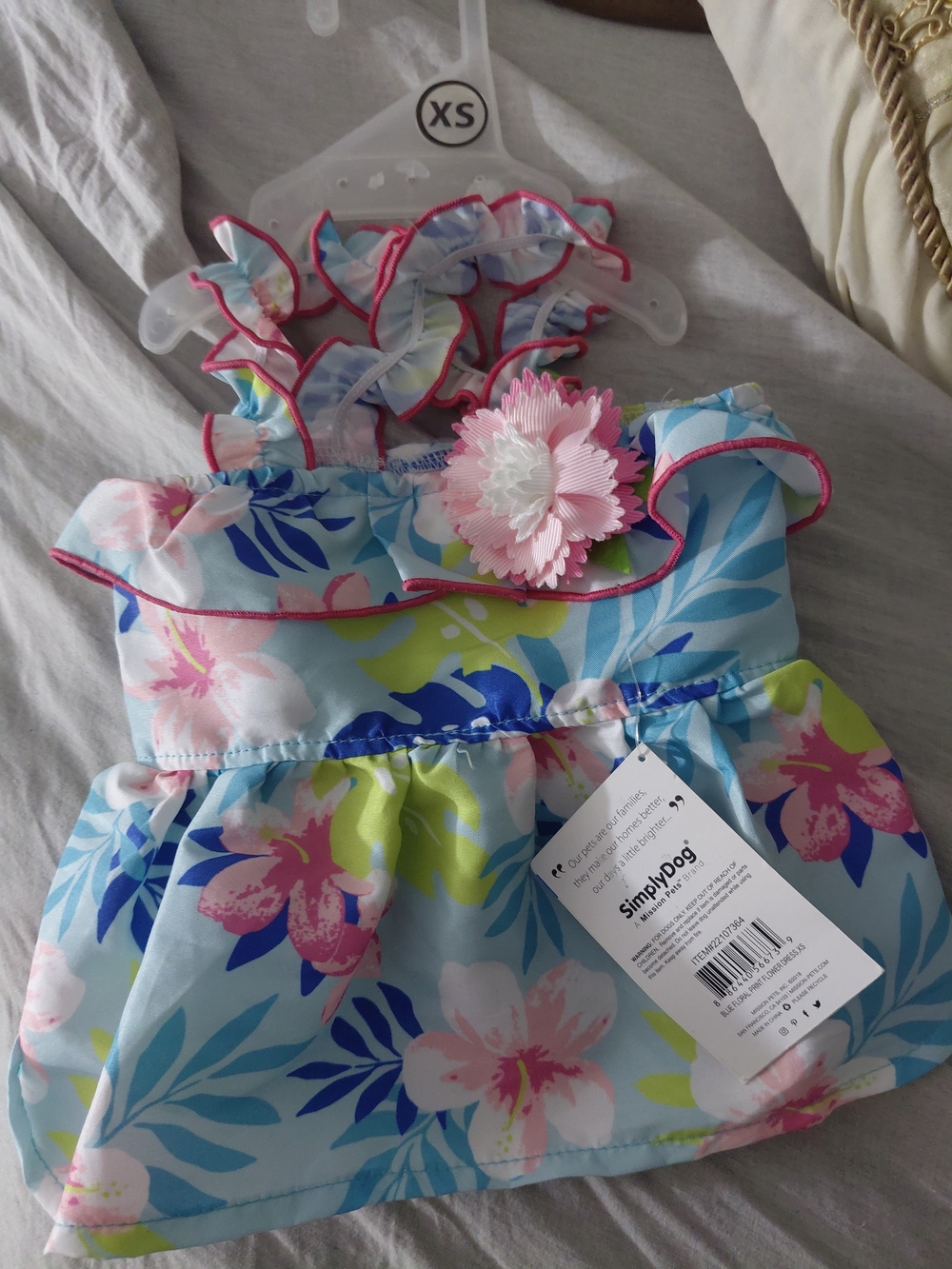 SimplyDog Light Blue Floral Dog Dress with Pink Flower Accent